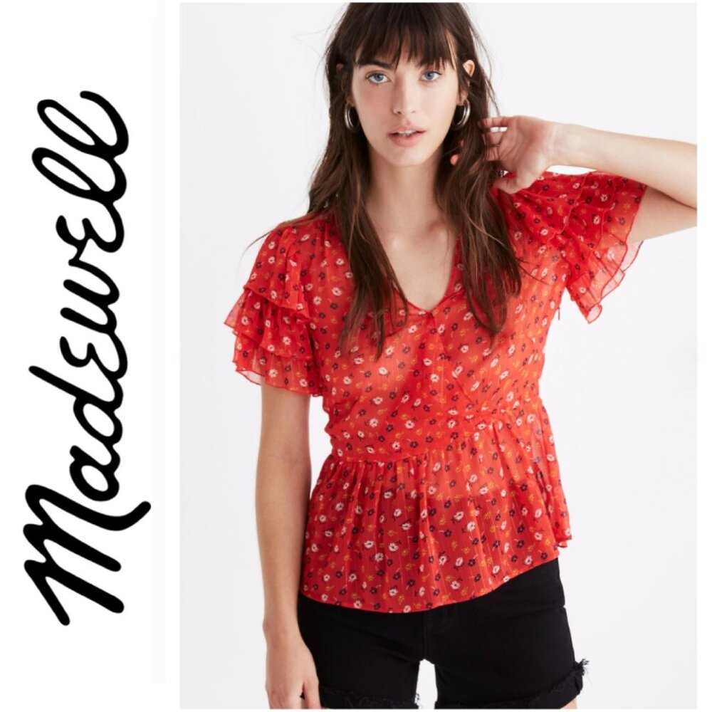 Madewell Red Tiered Sleeve Peplum Top Metallic Prairie Posies Ruffle 00